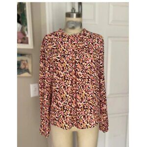 FOREVER 21 Pink Abstract Silky Poet Sleeve ruffle Blouse Tunic Shirt *SMALL*